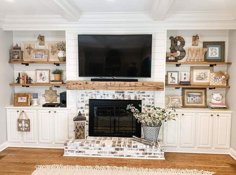 Shiplap Wall White, Brick Fireplace With Shiplap, White Fireplace Ideas, Modern Shiplap Fireplace, Fireplace With Shiplap, Shiplap Fireplace Ideas, Modern Shiplap, Black Fireplace Surround, White Fireplace Mantels