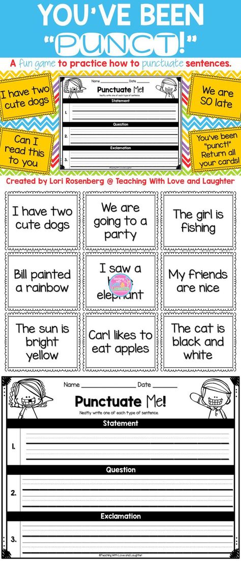 What a fun way for your students to practice proper punctuation! This game is a version of the popular game BANG! Instead of reading words, students read sentences and tell what punctuation mark completes the sentence. 2nd Grade Reading Games, Punctuation Games, Proper Punctuation, Teaching Punctuation, Kindergarten Grammar, Punctuation Activities, Sped Classroom, 2nd Grade Ela, Grammar And Punctuation