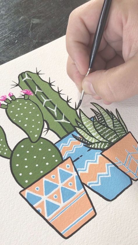 Watch more relaxing, inspiring, and satisfying art videos like this on YouTube. Longer full-length vids are available to chill out or follow along with your own paints. Thanks for the support! Check out more on Instagram @BoelterDesignCo Cacti Painting, Philip Boelter, Bird Character, Satisfying Art, Arte Doodle, Drawing Hands, Cactus Painting, Latest Series, Gouache Art