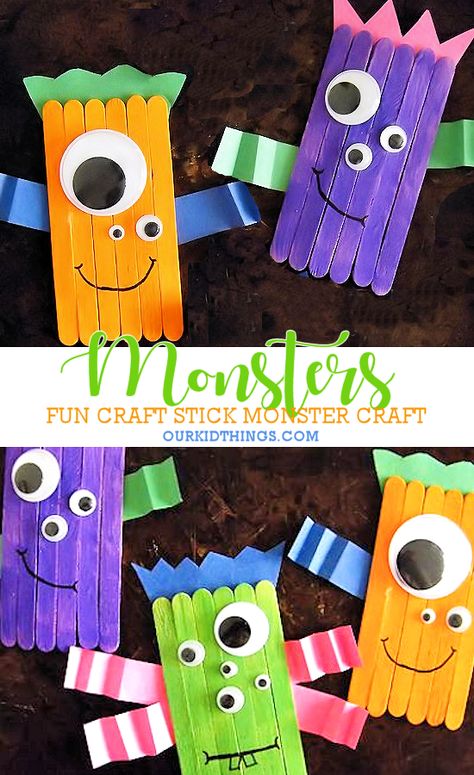 Colorful Craft Stick Monsters Craft #monsters #craftstickcraft #halloween #kidscraft #kidcrafts Popsicle Stick Monsters, Craft Stick Animals, Craft Stick Activities, Monsters Craft, Stick Crafts For Kids, Monster Diy, Quick Halloween Crafts, Intervention Activities, Popsicle Stick Crafts For Kids