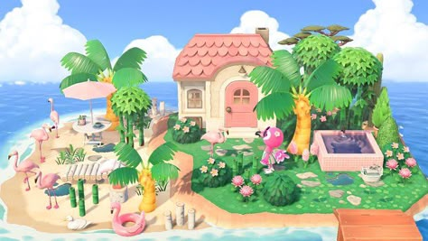 Acnh Happy Home Paradise Tropical, Acnh Happy Home Paradise Flora, Acnh Flora House, Flora Animal Crossing, Tropical Island Acnh, Animal Crossing Tropical Island, Acnh Cute Island Inspiration, Tropical Home Exterior, Acnh Build Ideas