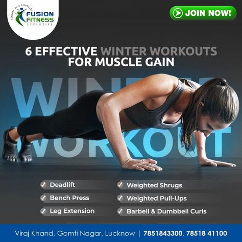 Effective Winter Workouts for Muscle Gain. . -------- To book your workout slot call us at +91-7851843300,78518 41100 . . #Lucknowgym #gyminlucknow #fusionfitness #bestgyminLucknow #fitnesscenter #workout #fitness #gym #gymmotivation #gymlover #gymlife #workoutmotivation #dailymotivation #dailyworkout #viralpost #trending #bodybuilding #abs Fitness Creative Ads, Workouts For Muscle Gain, Gym Creative Ads, Workouts For Muscle, Gym Ads, Gym Creative, Hotel Marketing Design, Fitness Design Gym, Gym Banner