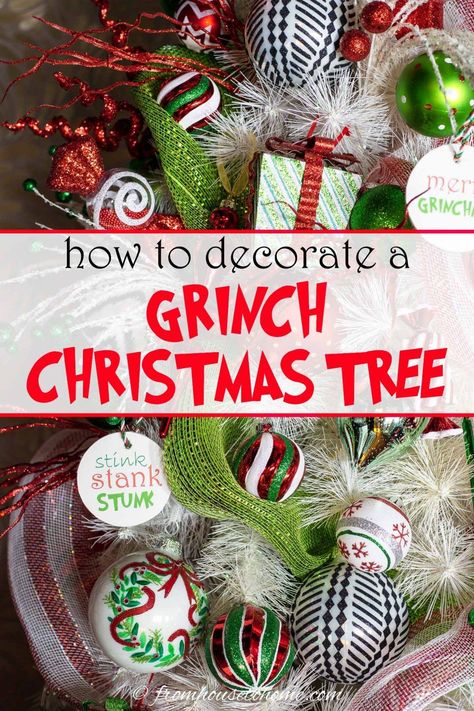 With lots of cute ornaments, Christmas picks and an easy Grinch tree topper, find out how to decorate a whimsical Grinch Christmas tree. #fromhousetohome #grinch #christmastree #christmasdecor #holidaysandevents Grinch Christmas Tree Ideas, Grinch Tree Topper, A Grinch Christmas, Grinch Christmas Tree Topper, Diy Grinch, Grinch Tree, Grinch Trees, Grinch Decorations, Grinch Christmas Party