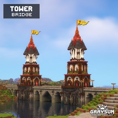 Brisge supported by towers in minecraft Tower Base Minecraft, Minecraft Tower Bridge, Guard Tower Minecraft, Big Bridges Minecraft, Minecraft Tall Tower Design, Medieval Port, Minecraft Medieval Buildings, Minecraft Bases, Minecraft Cottagecore