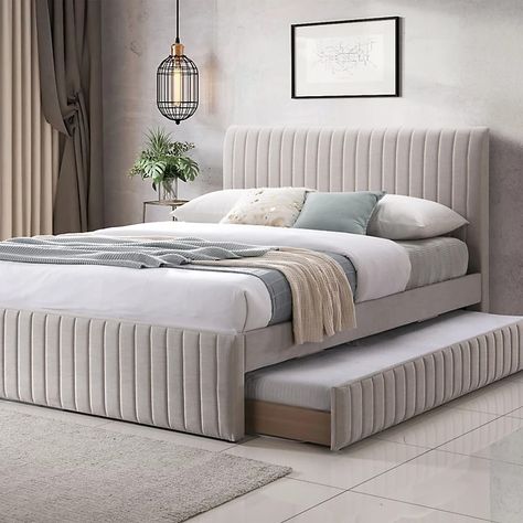 Bexley Natural Oat Upholstered -  King Size Bed Frame With Underbed Frame | DIY at B&Q Bed With Wide Headboard, King Size Bed With Pull Out Bed, Modern Bed With Headboard, Bed With A Pull Out Bed, Bed Frames Designs, Cushioned Bed Design, Fabric Bed With Storage, Pull Out Single Bed, Double Bed With Trundle