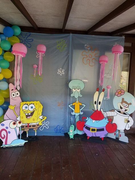 Cartoon Themed Party, Spongebob Party Backdrop, Sponge Bob Party Decorations, Spongebob Photo Booth, Sponge Bob Decorations, Spongebob Gender Reveal, Spongebob Photo Shoot, Sponge Bob Birthday Party Ideas Decoration, Sponge Bob Party Ideas