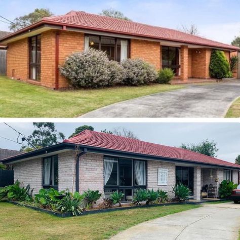 80s House Renovation Australia, Brick House Renovation Australia, Brick House Exterior Makeover Australia, Australian Brick House Exterior Makeover, Dark Brick House Exterior, House Exterior Transformation, 80s House Exterior, Facade Makeover, House Exterior Before And After