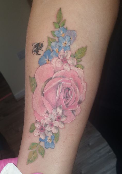 Flowers rose forget me nots bee blossom pastel watercolour feminine girly original bouquet floral Roses And Forget Me Nots Tattoo, Bees And Roses Tattoo, Bee And Rose Tattoo Ideas, Bee With Roses Tattoo, Forget Me Knot Watercolor Tattoo, Forget Me Not Tattoo, Lillies Tattoo, Pastel Watercolor, Flower Tattoos