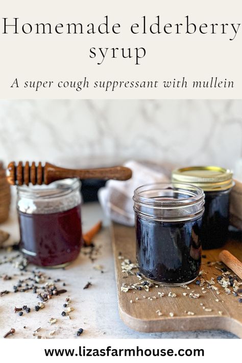 Elderberry Cough Syrup, Elderberry Honey, Homemade Elderberry Syrup, Cough Syrup Recipe, Mullein Leaf, Homemade Cough Syrup, Elderberry Syrup Recipe, Elderberry Juice, Homemade Elderberry