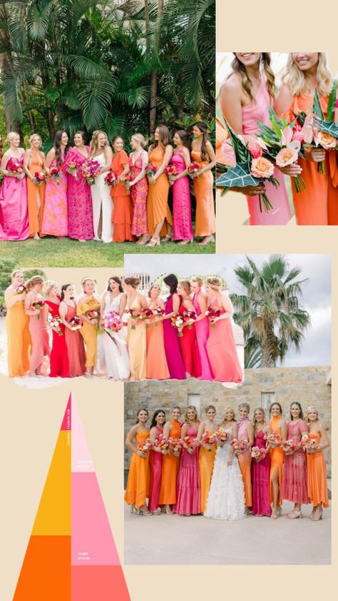 Sunset Wedding Theme, Bridesmaid Dresses Color Palette, Bridal Shop Decor, Bridesmaid Boutique, Orange And Pink Wedding, Small Outdoor Wedding, Orange Wedding Colors, Boda Mexicana, Wedding Activities