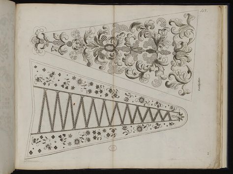 c1725 Embroidery pattern for Stomacher - Victoria Museum at http://collections.vam.ac.uk/item/O230354/continuatio-der-kunst-und-flei-design-helm-margaretha/#    These two printed designs are for embroidered stomachers featuring floral and acanthus leaf motifs. They are from a pattern book for embroidery (about 1725) by Margaretha Helm. A stomacher is a stiff panel, usually triangular in shape and often heavily decorated, inserted in an open bodice to cover the corset in eighteenth-century dress. 18th Century Stomacher, 18th Century Bodice, 18th Century Embroidery, Stays Pattern, 18th Century Dresses, Georgian Fashion, Historical Embroidery, 18th Century Dress, Historical Sewing