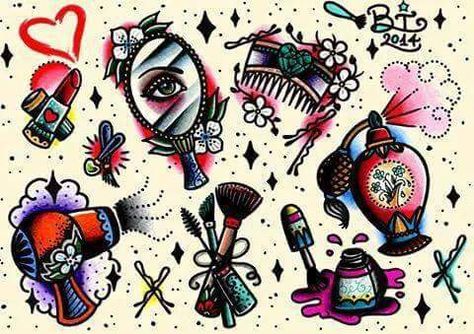 Tattoo Sleeve Women, Flash Art Tattoos, Hairstylist Tattoos, Traditional Tattoo Flash Sheets, Tattoo Sleeve Filler, Lipstick Tattoos, Tattoo Filler, Kunst Tattoos, Marvel Tattoos