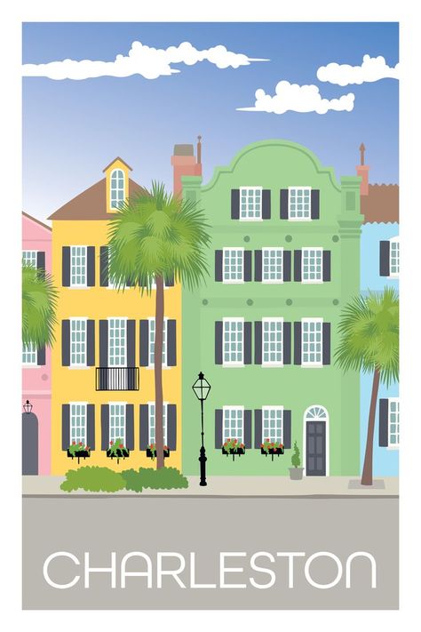 Charleston South Carolina Travel Poster South Carolina Poster, Charleston South Carolina Vacation, Rainbow Row Charleston, South Carolina Art, South Carolina Vacation, South Carolina Travel, Rainbow Row, Colorful Illustration, Charleston South Carolina