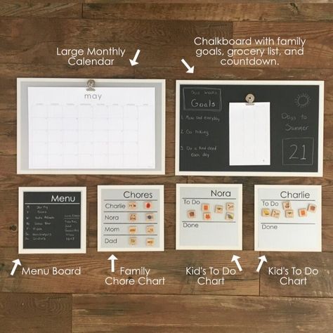 Create your own family organization station or command center by adding the elements that work for your family.  This one includes:  a large family calendar a chalkboard with family goals, a grocery list, and a countdown a menu board a family chore chart 2 kids to do charts Family Organization Board, Family Organization Station, Family Command Center Wall, Family Planner Wall, Family Organization Wall, Magnetic Chore Chart, Home Command Center, Family Organization, Chore Board