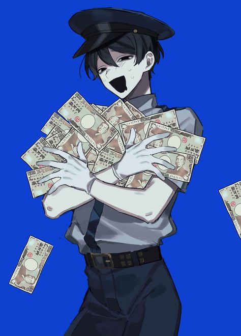 Money Poses Drawing, Pose With Money, Blue Characters Cartoon, Anime Boy Poses, Blue Anime Character, Money Reference, Money Character, Anime Money, Anime Boy Art