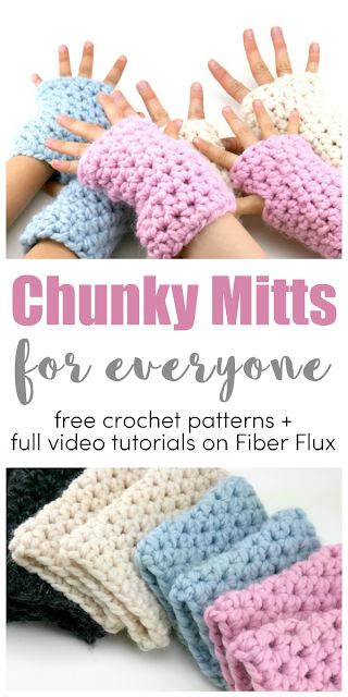 Chunky Mitts for Everyone, free crochet pattern + full video tutorial on Fiber Flux Crochet Fingerless Gloves Free Pattern, Crochet Hand Warmers, Mittens Crochet, Crochet Mitts, Crochet Mittens Free Pattern, Crochet Wrist Warmers, Crochet Mittens Pattern, Fingerless Gloves Crochet Pattern, Crochet Gloves Pattern