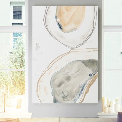 This painting print adds an easy coastal flair to your kitchen or dining room. It showcases a close-up of two watercolor oysters in gray, blue, and peach hues for an appetizing accent in your space. Inkblot details dot the canvas for a distinctive sketch-like look. This piece of wall art is giclee printed in the USA on your choice of materials in a variety of sizes, so you can find the one that works best for your space. Plus, it arrives with wall mounting hardware so you can decorate your home Oyster Art, Ocean Hues, Giclee Abstract, Marine Art, Boho Deco, Wall Mounting, Ocean Inspiration, Abstract Oil, Oil Painting Abstract