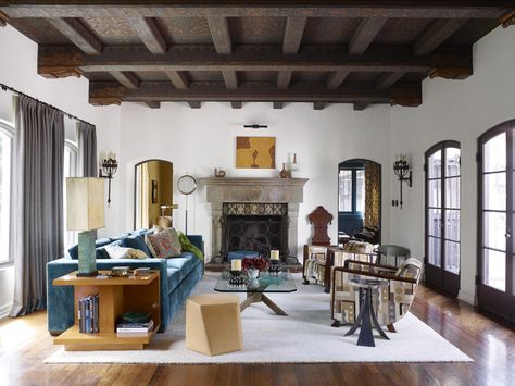 “This project invigorates a historic Spanish Revival hillside home with a staggering array of patterns, colors, textures, and styles,” says Iannaci of this Commune-designed house. “The end result is fantastical in its ability to simultaneously celebrate the history of the structure while creating something new and vital.” Commune Design, Mediterranean Living Room, Spanish Colonial Homes, Spanish Revival Home, Los Angeles Interior Design, Colonial Interior, Mediterranean Living, Jim Parsons, Hollywood Homes