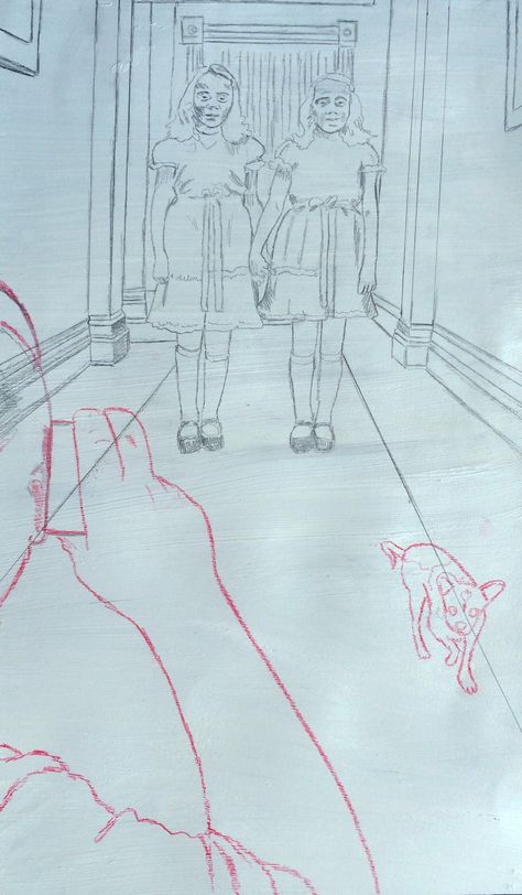 starting a new painting (this is the preliminary drawing) that involves the "creepy" twin sisters from Stephen King's "The Shining" (circa 1980), a VR experience, and my chihuahua, Lupita, in the hallway... (it measures 24 1/4" x 13 3/4" and drawn/painted on paper...  "forever & ever"...) The Shining Twins Drawing, The Shining Illustration, Creepy Hallway Drawing, The Shining Carpet, The Shining Room, Vr Experience, The Shining, Twin Sisters, Stephen King