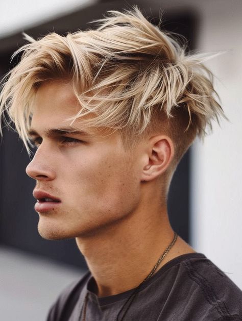 Mens Hair Long On Top Short On Sides, Short On The Sides Long On Top Hair Men, Dyed Blonde Hair Men, Men Colored Hair, Blond Hair Men, Men Haircut Fade, Blonde Hair Undercut, Textured Crop Hair Men, Popular Haircuts For Men