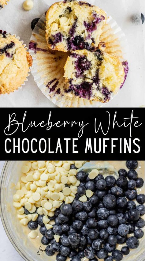 With their moist texture and delicate crumb, these blueberry white chocolate muffins are a delicious treat for any time of day! The muffin batter is super easy to make and you can use fresh or frozen blueberries. Muffins Made With Buttermilk, Raspberry And White Chocolate Muffins, Blueberry White Chocolate, Bakery Style Blueberry Muffins, Blueberry Streusel Muffins, Blueberry Streusel, Buttermilk Muffins, White Chocolate Muffins, Blueberry Chocolate