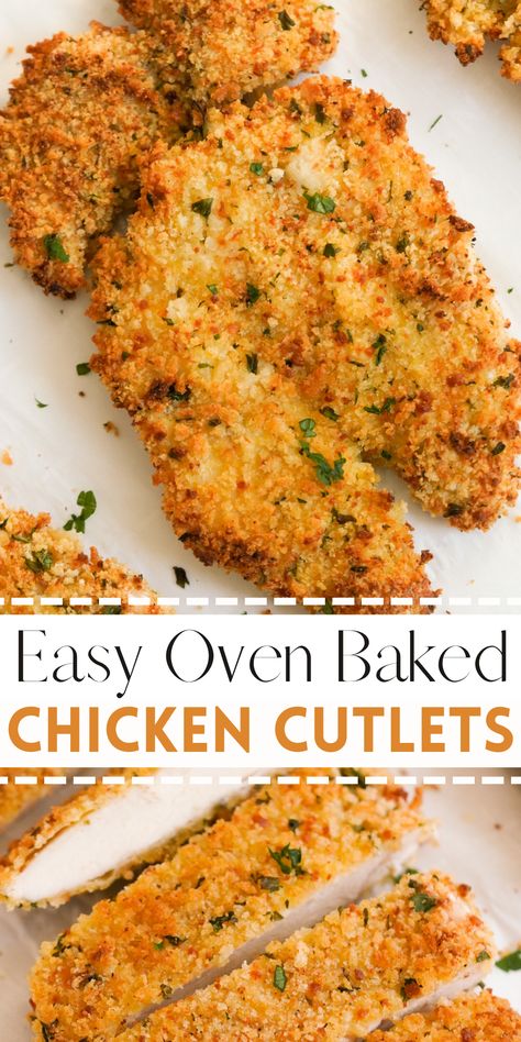 Quick, crispy, and packed with protein, these Breaded & Baked Chicken Cutlets are about to become your favorite weeknight kitchen trick. In just 40 minutes, you’ll have a tray of tender, golden-brown, healthy chicken cutlets ready to serve with your favorite sides or as yummy add-ons for salad, pasta, or sandwiches. Chicken Cutlet Recipes Baked, Oven Baked Chicken Cutlets, Oven Breaded Chicken, Healthy Breaded Chicken, Baked Chicken Cutlets, Baked Breaded Chicken, Crispy Chicken Breast, Easy Oven Baked Chicken, Fried Chicken Cutlets