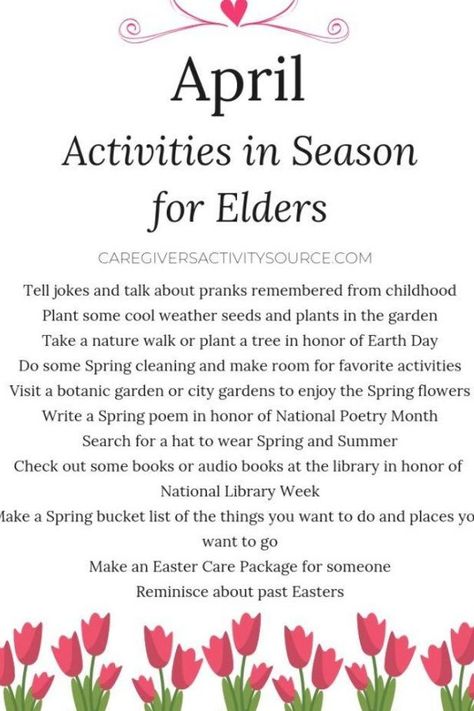 April Activities in Season for Elders #AprilActivities #Seniorcare #SpringActivitiesSeniors Senior Citizen Activities Games, Assisted Living Activities, Senior Citizen Activities, Memory Care Activities, Senior Living Activities, April Activities, Nursing Home Activities, Alzheimers Activities, April Crafts