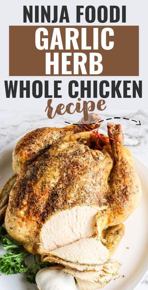 Use your Ninja Foodi to cook a whole chicken in about 30 minutes using both the pressure cooker and air fryer functions! It's tender on the inside and crispy on the outside - perfect for a healthy family dinner. Herb Whole Chicken, Pressure Cook Whole Chicken, Ninja Foodi Recipes, Herb Chicken Recipes, Cook A Whole Chicken, Whole Chicken Recipe, Ninja Cooking System Recipes, Garlic Herb Chicken, Delicious Family Dinners