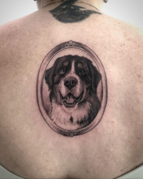 Memorial Portrait Tattoo, Mirror Tattoos, Dog Memorial Tattoos, Metal Boy, Framed Tattoo, Memorial Tattoos, Dog Memorial, Trendy Tattoos, Dog Portraits