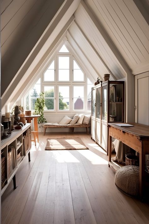 Attic Space Renovation, Shiplap Attic, Attic Office Space, Finished Attic Ideas, Attic Space Ideas, Scandinavian Attic, Small Attic Room, Scandinavian Loft, Light Walls