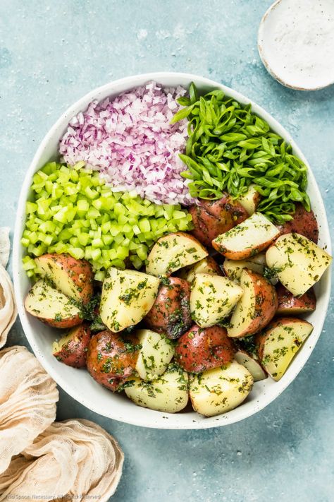 No Mayo Potato Salad, Mayo Potato Salad, Potato Salad No Mayo, Red Skin Potato Salad, Red Potato Salad Recipe, Herb Vinaigrette, Potatoe Salad, Potato Salad Dressing, Light Summer Meals