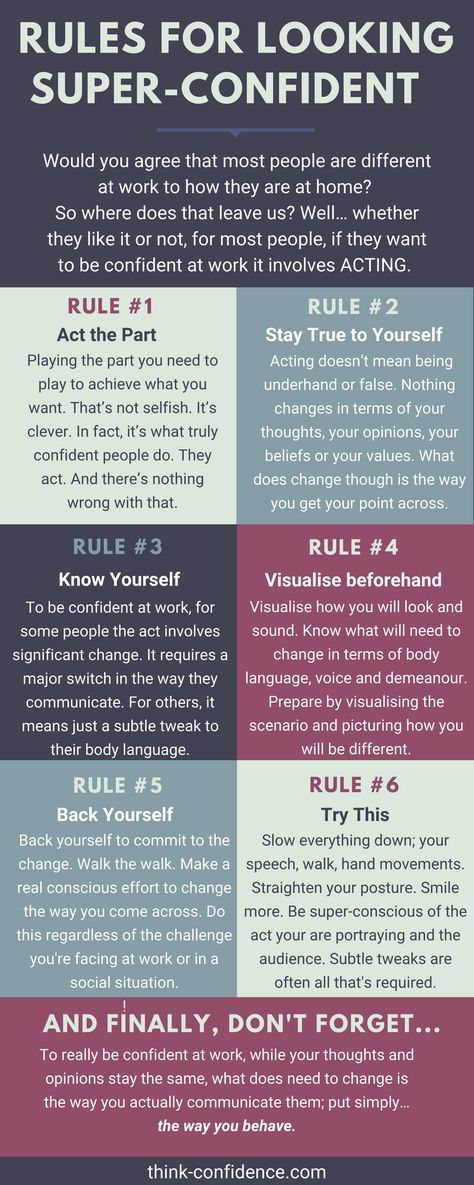 How to be super-confident at work and in social situations. Rules not to forget about body language and how you speak. #confident #confidence #selfconfidence #selfesteem #esteem #infographic How To Talk Confidently, Confident Speaking, How To Be Confident At Work, How To Talk With Confidence, Tips On Confidence, Speak Confidently, How To Speak Confidently, How To Speak With Confidence, How To Be Socially Confident