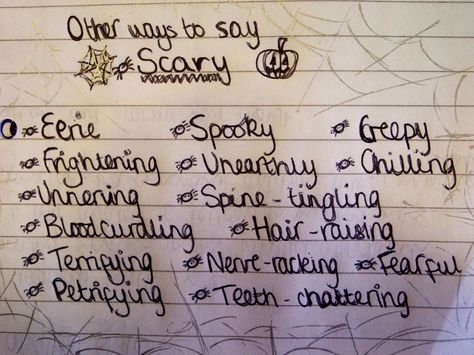 Synonyms for SCARY Synonyms For Dark, Scary Synonyms, Synonyms For Scared, Writing Horror, Improve Vocabulary, Halloween Jokes, Good Grammar, Essay Tips, Write Your Own Story