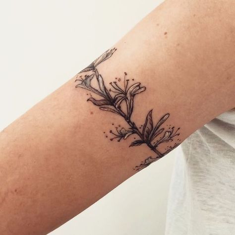 Theo Golden on Instagram: "I had so much fun working on this lovely honeysuckle arm band for Gabrielle! Thank you so much for coming in and for sitting so well! 🌸🌿🌼" Honeysuckle Wrap Around Tattoo, Honeysuckle Arm Tattoo, Arm Cuff Tattoo, Flower Tats, Honeysuckle Tattoo, Arm Wrap Tattoo, Wrap Around Tattoo, Cuff Tattoo, Wrap Tattoo