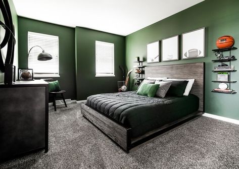 Dark Green Kids Room, Green Teen Boy Bedroom, Dark Green Boys Bedroom, Teen Boy Bedroom Green, Boys Room Green Walls, Dark Painted Rooms, Boys Green Bedroom Ideas, Teen Bedroom Green, Green Boys Bedroom