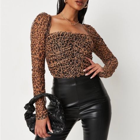 Missguided Mesh Ruched Front Milkmaid Leopard Print Long Sleeve Top Size: 12 Condition: Never Worn, Great Condition Fabric: 96% Polyester, 4% Elastane Price: Negotiable Photos Taken With And Without Flash *Smoke And Pet Free Home Leopard Top, Fun Diy Crafts, Winter Tops, Fun Diy, Mesh Top, Long Sleeve Top, Black And Brown, Leopard Print, Long Sleeve Tops