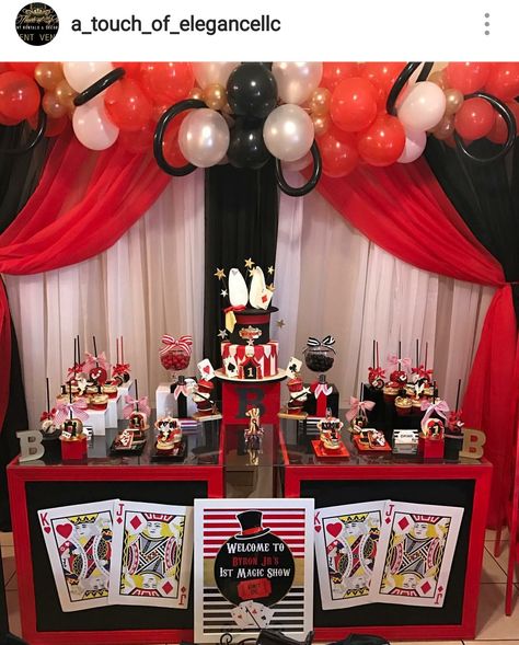 Magic Show Inspired Birthday Party Dessert Table and Decor. Hazbin Hotel Birthday Party, Magic Show Party Ideas, Magician Theme Party, Magician Birthday Party Decorations, Magic Show Birthday Party Decorations, Magic Show Birthday Party, Magic Show Themed Birthday Party, Magician Birthday Party For Kids, Magician Themed Birthday Party