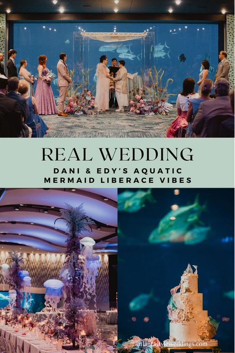 Most affectionately dubbed as the “#TheWifeAquatic” wedding, Dani and Edy’s union at The Georgia Aquarium was a mesmerizing plunge into the world of underwater elegance. Their shared love for vibrant aesthetics and penchant for going the extra mile birthed a celebration that encapsulated the glamour and extravagance of “Mermaid Liberace.” #realweddinginspo #LGBTQ+Weddings #atlantawedding #mermaidwedding #aquariumwedding #jewishwedding #weddingplanning Aquarium Wedding Ideas, Aquarium Wedding Centerpieces, Aquarium Wedding Reception, Georgia Aquarium Wedding, Georgia Aquarium Photography, Aquarium Wedding, Georgia Aquarium, Go The Extra Mile, Jewish Wedding