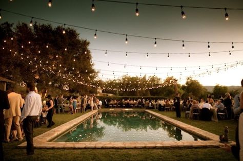 Simple Decorating: String Lights  http://blog.freepeople.com/2012/05/simple-decorating-string-lights/ Backyard Party Lighting, Backyard Wedding Pool, Backyard Pool Parties, Vintage Garden Wedding, Pool Wedding, Wedding Backyard, Backyard Canopy, Backyard Lighting, Outdoor Wedding Reception