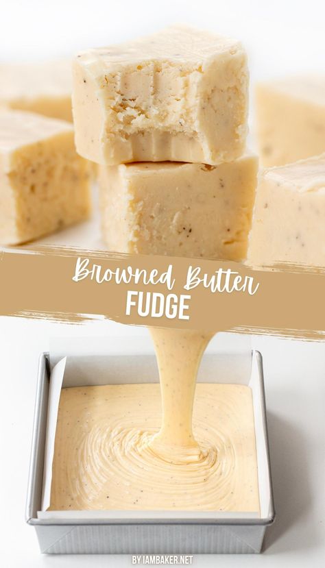 one image shows two pieces of fudge, one on top of the other and the top one has a bite out of it. The second shows the fudge in a liquid state being poured into a parchment lined pan. Fudge On A Stick, Brown Butter Fudge, Salted Fudge Recipe, Creme Brulee Fudge, Marshmallow Fluff Recipes Fudge, Fudge Business Ideas, How To Wrap Fudge Packaging Ideas, Fall Fudge Recipes Easy, Soft Fudge Recipes