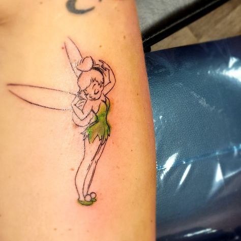 My new ink. Tinkerbell with a touch of green watercolor to her dress and shoes. Work done by David Hill at Black Sheep Tattoo in Garner, NC. Tattoo Tinkerbell, Tinkerbell Tattoo, Tinker Bell Tattoo, Fairy Tattoos, Belle Tattoo, Loyalty Tattoo, Love Symbol Tattoos, Sheep Tattoo, 10 Tattoo