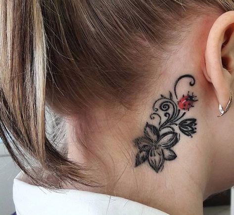 Ladybug Neck Tattoo, Ladybug Tattoo Behind Ear, Ladybug And Flower Tattoo, Ladybug On Flower Tattoo, Ladybug Flower Tattoo, Ladybug Tattoo Design, Tattoo Ladybug, Ladybug Tattoo Ideas, Tattoos Ear