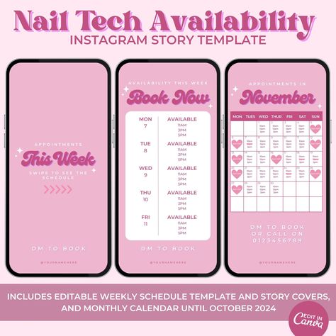 This sassy pink retro calendar template is an Instagram story must-have for busy nail techs! Instantly organize upcoming services and bookings with this cute Instagram story appointment calendar template bundle which includes two story covers, weekly schedule story page and 12 month calendar which go from November 2023, to October 2024. Each template is fully customizable on Canva - these templates make scheduling appointments a breeze! Once you have placed your order you will receive a PDF down Instagram Story Appointments Available, Nail Tech Booking Calendar, Appointments Available This Month, Weekly Availability Template, Nail Schedule Template, Nail Tech Availability Calender, Nail Appointments Available Template, Nail Tech Templates, Fully Booked Appointments