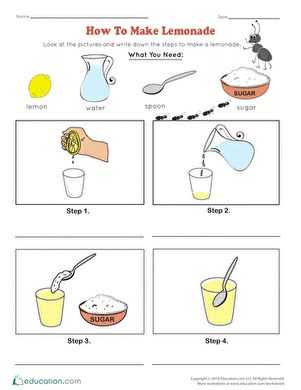 How to Make Lemonade | Worksheet | Education.com Lemonade Stand Lesson Plan, How To Make Worksheets, Lemonade Activity For Preschool, Lemon Lesson Plans, Lemonade Sequencing, Eoy Activities, Kids Lemonade Stands, Easy Lemonade Recipe, Lemon Juice Recipes