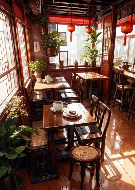 Dim Restaurant Aesthetic, Chinese Cafe Interior Design, Chinese Tea Room Interior, Chinese Coffee Shop, Vietnamese Restaurant Design, Chinese Cafe Design, Chinese Restaurant Interior Design, Tea House Interior, Chinese Tea Shop