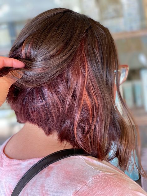 Rose Gold Hair Peekaboo, Peekaboo Hair Rose Gold, Brown Hair With Rose Gold Peekaboo, Dusty Rose Peekaboo Hair, Rose Gold Peak A Boo Hair, Light Pink Peekaboo Hair Dark Brown, Peekaboo Pink Hair, Peekaboo Hair Color Brunettes, Pink Peekaboo Hair