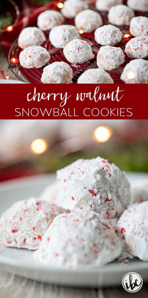 Cherry Walnut Snowball Cookies for Christmas #holiday #cookie #recipe #cherry #walnut #snowball #cookies #christmas #teacakes Cherry Walnut Cookies, Cherry Snowball Cookies Recipe, Walnut Snowball Cookies, Classic Snowball Cookies, Snowball Cookie, Cake Supply Store, Campfire Foods, Cherry Cookies Recipes, Candied Cherries