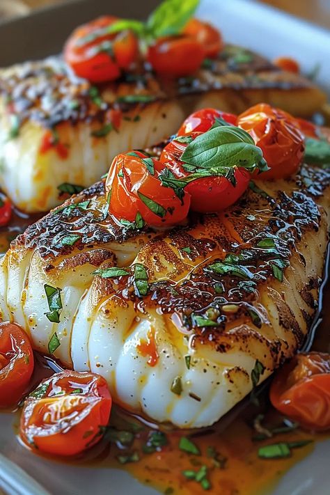 Cod Fish With Cherry Tomatoes, Pan Seared Cod In White Wine Tomato Basil Sauce, White Fish With Tomatoes, Fish With Cherry Tomatoes, Pan Seared Cod In White Wine Tomato, Cod In Tomato Basil Sauce, Tuscan Cod Recipe, Cod With Asparagus, Pan Seared Mediterranean Cod