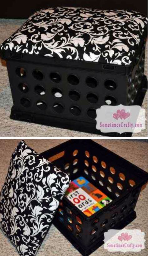 'Storage Crate Seat...!' (via Sometimes Crafty) Plastic Crates Ideas, Crate Ottoman, Crate Seats, Enclosure Ideas, Diy Shoe Rack, Crate Ideas, Storage Crate, Plastic Crates, Patio Enclosures