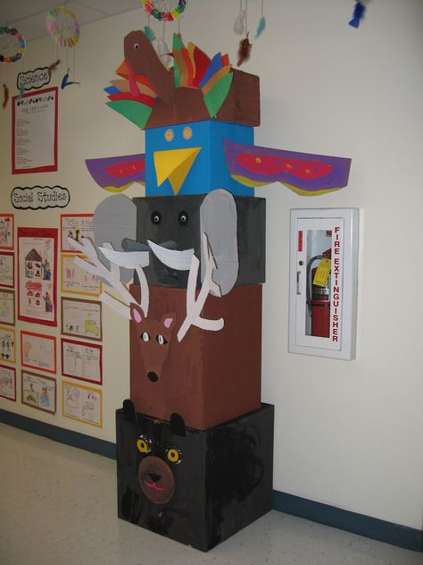 School Totem Pole Project, Native American Classroom Transformation, Totem Pole Craft For Preschoolers, Totem Pole Craft, Paper Mache Totem Pole, Indian Totem Pole, Cheap Kids Crafts, Daycare Lesson Plans, Native American Studies